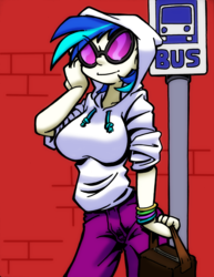 Size: 1700x2200 | Tagged: safe, artist:trollie trollenberg, color edit, colorist:ironhades, edit, dj pon-3, vinyl scratch, human, g4, breasts, bus stop, busty vinyl scratch, clothes, colored, female, hoodie, humanized, solo