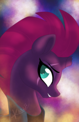 Size: 1024x1583 | Tagged: safe, artist:karzii, tempest shadow, pony, unicorn, g4, broken horn, bust, eye scar, female, horn, looking back, mare, portrait, profile, scar, smiling, solo
