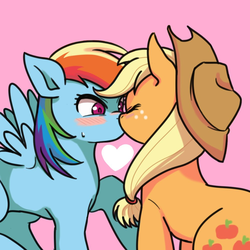 Size: 1000x1000 | Tagged: safe, artist:raika0306, applejack, rainbow dash, earth pony, pegasus, pony, g4, applejack's hat, cowboy hat, female, hat, kissing, lesbian, mare, ship:appledash, shipping