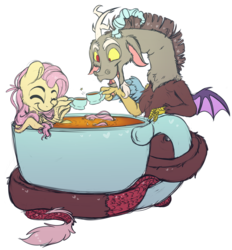 Size: 3978x4295 | Tagged: safe, artist:cutepencilcase, discord, fluttershy, draconequus, pony, g4, cup, cup of pony, cute, discute, female, mare, micro, outline, shyabetes, simple background, smiling, teacup, transparent background, white outline, wing hands, wing hold