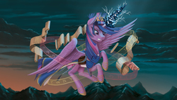 Size: 3840x2160 | Tagged: safe, artist:nalesia, twilight sparkle, alicorn, pony, fanfic:myths and birthrights, g4, commission, electricity, fanfic, fanfic art, female, flying, high res, magic, magic circle, mare, mountain, mountain range, runes, scroll, solo, twilight sparkle (alicorn)
