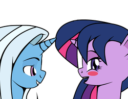 Size: 512x397 | Tagged: safe, artist:dekomaru, edit, trixie, twilight sparkle, pony, unicorn, tumblr:ask twixie, g4, ask, cropped, female, lesbian, ship:twixie, shipping, tumblr