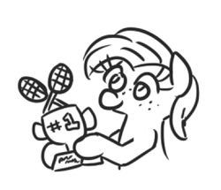 Size: 407x350 | Tagged: safe, artist:jargon scott, oc, oc only, oc:papaya nectar, earth pony, pony, black and white, bust, female, filly, freckles, grayscale, hoof hold, monochrome, simple background, solo, sports, tennis, tennis racket, trophy, white background