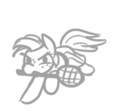 Size: 251x227 | Tagged: safe, artist:jargon scott, oc, oc only, oc:papaya nectar, earth pony, pony, black and white, female, filly, freckles, grayscale, monochrome, mouth hold, raised hoof, simple background, solo, sports, tennis, tennis racket, white background