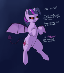 Size: 1323x1500 | Tagged: safe, artist:php99, derpibooru exclusive, twilight sparkle, alicorn, bat pony, bat pony alicorn, demon pony, pony, succubus, succubus pony, g4, bat wings, chest fluff, dialogue, ear fluff, evil twilight, female, flying, horns, night, solo, twicubus, twilight sparkle (alicorn)