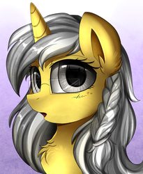 Size: 1446x1764 | Tagged: safe, artist:pridark, oc, oc only, oc:silver light, pony, unicorn, bust, chest fluff, commission, female, glasses, mare, open mouth, portrait, solo