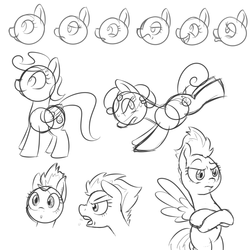 Size: 1000x1000 | Tagged: safe, artist:yakoshi, spitfire, earth pony, pegasus, pony, g4, crossed hooves, expressions, female, mare, monochrome, sketch, sketch dump