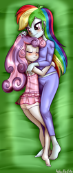 Size: 1305x3088 | Tagged: safe, artist:anibaruthecat, rainbow dash, sweetie belle, equestria girls, g4, ass, barefoot, bed, blushing, butt, clothes, cuddling, eyes closed, feet, female, frilly underwear, lesbian, midriff, pajamas, panties, see-through, ship:sweetiedash, shipping, sleeping, smiling, underwear, white underwear