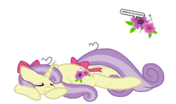 Size: 2005x1195 | Tagged: safe, artist:chococakebabe, oc, oc only, oc:meadow blossom, pony, unicorn, bow, female, hair bow, mare, prone, simple background, sleeping, solo, tail bow, transparent background