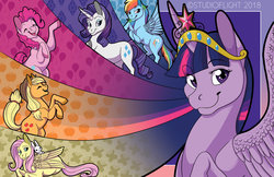 Size: 1600x1035 | Tagged: safe, artist:whitewingedanwe, angel bunny, applejack, fluttershy, pinkie pie, rainbow dash, rarity, twilight sparkle, alicorn, earth pony, pegasus, pony, unicorn, g4, applejack's hat, big crown thingy, colored hooves, cowboy hat, element of magic, eyes closed, female, hat, jewelry, looking at you, mane six, mare, open mouth, profile, regalia, twilight sparkle (alicorn)