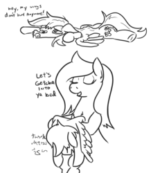 Size: 675x774 | Tagged: safe, artist:jargon scott, big macintosh, fluttershy, earth pony, pegasus, pony, g4, black and white, butterscotch, carrying, comic, dialogue, eyes closed, female, flattened, grayscale, holding a pony, injured, macareina, male, monochrome, prone, rule 63, ship:butterreina, ship:fluttermac, shipping, simple background, stallion, straight, white background
