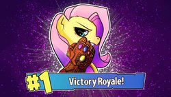 Size: 1200x675 | Tagged: safe, artist:deliray, fluttershy, pegasus, pony, g4, avengers: infinity war, bust, female, fortnite, infinity gauntlet, profile, smug, solo