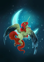 Size: 714x1000 | Tagged: safe, artist:saint-juniper, oc, oc only, oc:whysteria, alicorn, pony, color porn, crescent moon, female, flying, looking back, mare, moon, night, solo, spread wings, tangible heavenly object, transparent moon, wings