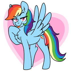 Size: 932x932 | Tagged: safe, artist:/d/non, rainbow dash, pegasus, pony, g4, chest fluff, feathered wings, female, looking at you, mlem, silly, solo, spread wings, tongue out, wings
