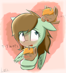 Size: 3318x3643 | Tagged: safe, artist:lofis, oc, oc only, oc:mint chocolate, oc:slypai, pegasus, pony, unicorn, >w<, abstract background, blushing, dialogue, duplication, greeting, heart, high res, holding a pony, hug, overwhelmed, shading, signature, small, snug, text