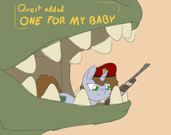 Size: 964x758 | Tagged: safe, artist:firecracker, oc, oc only, oc:littlepip, dinosaur, pony, unicorn, fallout equestria, boone, fallout, fallout: new vegas, fanfic, fanfic art, female, gun, hat, horn, mare, meme, one for my baby, rifle, simple background, solo, text, weapon