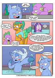 Size: 2894x4093 | Tagged: safe, artist:raph13th, snails, spike, starlight glimmer, trixie, dragon, pony, unicorn, ask glitter shell, comic:glim glam and pals, g4, blushing, comic, dialogue, drunk, glitter shell, hard cider, speech bubble, swimming pool, tongue out, wet, wet mane