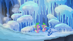 Size: 1280x720 | Tagged: safe, screencap, spike, thorax, dragon, g4, the times they are a changeling, cavern, disguise, disguised changeling, duo, frozen north, ice, male, snow