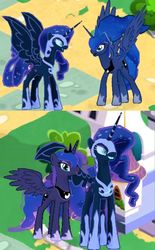 Size: 887x1434 | Tagged: safe, gameloft, nightmare moon, princess luna, alicorn, pony, g4, anachronism, duality, duo, ethereal mane, female, game screencap, gameloft shenanigans, mare, paradox, self ponidox, spread wings, starry mane, wings