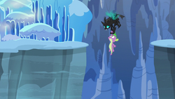 Size: 1280x720 | Tagged: safe, screencap, spike, thorax, changeling, dragon, g4, season 6, the times they are a changeling, cave, duo, flying, frozen north, holding on, ice, male, ravine, rescue, snow