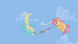 Size: 1280x720 | Tagged: safe, screencap, dizzy twister, orange swirl, sassaflash, smarty pants, pegasus, pony, g4, lesson zero, angry, background pony, doll, duo, female, fight, flying, heart, mare, mouth hold, toy, want it need it