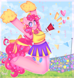 Size: 3400x3600 | Tagged: safe, artist:bunxl, pinkie pie, earth pony, anthro, unguligrade anthro, g4, arm hooves, armpits, cheerleader, clothes, cute, ethereal mane, female, heart, heart eyes, high res, mare, pleated skirt, pom pom, skirt, solo, starry eyes, starry mane, starry tail, tail, wingding eyes