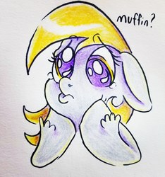 Size: 3024x3229 | Tagged: safe, artist:smirk, derpy hooves, pony, g4, colored pencil drawing, colored pupils, cute, female, high res, muffin, pouting, teary eyes, traditional art