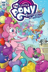 Size: 1054x1600 | Tagged: safe, artist:pencils, idw, official comic, gummy, octavia melody, pinkie pie, rainbow dash, alligator, earth pony, pegasus, pony, g4, spoiler:comic, spoiler:comic69, angry, balloon, balloon popping, cake, candy, cane, clothes, cover, cup, female, flying, food, french horn, hat, male, mare, monocle, music notes, musical instrument, party hat, popping, suit, teacup, top hat