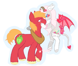 Size: 1574x1344 | Tagged: safe, artist:pastel-pony-princess, big macintosh, oc, oc:minxy bearheart, succubus, g4, clothes, duo, female, floppy ears, flower, flower in hair, flying, heart eyes, horns, horse collar, male, seduction, simple background, socks, spaded tail, succupony, transparent background, wingding eyes