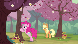 Size: 1280x720 | Tagged: safe, screencap, applejack, pinkie pie, earth pony, pony, g4, the last roundup, basket, cherry, cherry blossoms, cherry orchard, cherry tree, duo, female, flower, flower blossom, food, helping, mare, orchard, smiling, suspicious, tree, yellow cherry