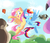 Size: 3152x2726 | Tagged: safe, artist:drawbauchery, fluttershy, rainbow dash, bat, butterfly, falcon, flamingo, monarch butterfly, pegasus, peregrine falcon, pony, g4, may the best pet win, duo, duo female, female, flying, high res, mare, scene interpretation, sky, smiling, spread wings, tree, wings