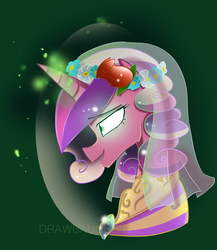 Size: 2399x2767 | Tagged: safe, artist:drawbauchery, queen chrysalis, pony, a canterlot wedding, g4, disguise, disguised changeling, fake cadance, female, floral head wreath, flower, glowing eyes, high res, mare, smiling, solo, this day aria, wedding veil