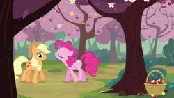 Size: 1280x720 | Tagged: safe, screencap, applejack, pinkie pie, earth pony, pony, g4, the last roundup, backing away, basket, cherry, cherry blossoms, cherry orchard, cherry tree, duo, eyes closed, female, flower, flower blossom, food, mare, orchard, tree, yellow cherry