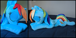 Size: 3000x1500 | Tagged: safe, artist:joltage, rainbow dash, pegasus, pony, g4, cute, dashabetes, eyes closed, giant plushie, irl, photo, plushie, sleeping, solo