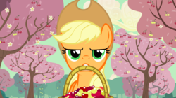 Size: 1440x808 | Tagged: safe, screencap, applejack, earth pony, pony, g4, the last roundup, annoyed, basket, cherry, cherry blossoms, cherry orchard, cherry tree, female, flower, flower blossom, food, mare, mouth hold, orchard, solo, tree, working, yellow cherry