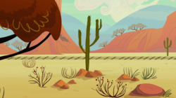 Size: 1440x807 | Tagged: safe, screencap, g4, the last roundup, bush, cactus, desert, no pony, railroad, saguaro cactus, scenery