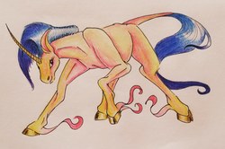 Size: 2767x1833 | Tagged: safe, artist:smirk, oc, oc only, pony, unicorn, an attempt was made, blue mane, cloven hooves, colored, colored pencil drawing, curved horn, head down, horn, leonine tail, orange coat, raised hoof, solo, standing, tail, traditional art, unshorn fetlocks