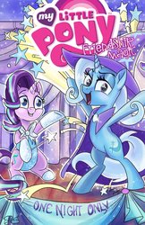 Size: 1325x2048 | Tagged: dead source, safe, artist:sophie scruggs, idw, starlight glimmer, trixie, pony, unicorn, g4, spoiler:comic, spoiler:comic69, assistant, cape, clothes, comic cover, cover, duo, female, hat, leotard, magic show, shipping fuel, stage, trixie's cape, trixie's hat, wand