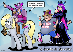 Size: 1600x1152 | Tagged: safe, artist:curtsibling, derpy hooves, oc, oc:lolith, human, pegasus, pony, g4, bracelet, hat, humans riding ponies, jewelry, pipe, riding, sherlock holmes