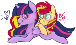 Size: 739x441 | Tagged: safe, artist:ivybrush, sunset shimmer, twilight sparkle, alicorn, pony, unicorn, g4, butt pillow, cuddling, female, heart, lesbian, ship:sunsetsparkle, shipping, simple background, transparent background, twilight sparkle (alicorn), wingding eyes