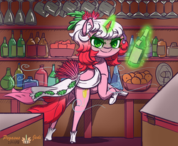 Size: 1956x1609 | Tagged: safe, artist:floofyfoxcomics, oc, oc only, oc:sparkling mimosa, pony, unicorn, female, freckles, magic, mare, solo, telekinesis, wine bottle