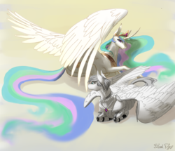 Size: 2132x1836 | Tagged: safe, artist:floralfly, princess celestia, oc, oc:light knight, alicorn, pegasus, pony, g4, armor, crown, curved horn, duo, ethereal mane, female, horn, jewelry, lightestia, male, mare, prone, regalia, stallion