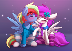 Size: 1500x1072 | Tagged: safe, artist:sharemyshipment, oc, oc only, oc:dashing thunder, oc:lavanda, pegasus, pony, blushing, clothes, commission, cute, female, flower, hoof hold, kissing, male, necktie, simple background, socks, stockings, straight, striped socks, sweater, thigh highs