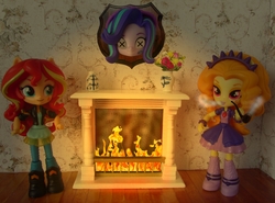 Size: 1484x1100 | Tagged: safe, artist:whatthehell!?, adagio dazzle, starlight glimmer, sunset shimmer, equestria girls, g4, abuse, chimney, clothes, dead, decapitated, doll, equestria girls minis, fire, fireplace, flower, flower vase, glimmerbuse, grimderp, irl, jewelry, mounted head, murder, not salmon, photo, pipe, severed head, skirt, smoking, toy, trophy, victorian, violence, wat, x eyes