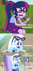 Size: 1500x3196 | Tagged: safe, alternate version, artist:charliexe-edits, edit, edited screencap, screencap, sci-twi, spike, spike the regular dog, starlight glimmer, trixie, twilight sparkle, dog, equestria girls, equestria girls specials, g4, my little pony equestria girls: better together, my little pony equestria girls: forgotten friendship, text support, 300, beach, clothes, geode of telekinesis, hug, leg hug, magical geodes, male, movie reference, ship:sparlight, shipper on deck, shipping, straight, swimsuit, this is sparta