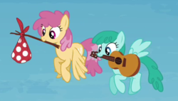 Size: 401x227 | Tagged: safe, screencap, dizzy twister, orange swirl, spring melody, sprinkle medley, pegasus, pony, g4, trade ya!, background pony, bindle, cropped, duo, female, flying, guitar, mare, mouth hold, musical instrument
