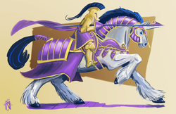 Size: 1024x663 | Tagged: safe, artist:dranoo, part of a set, shining armor, horse, human, pony, unicorn, g4, armor, fetlock tuft, greek helmet, human ponidox, humanized, humans riding horses, humans riding ponies, jousting, knight, lance, male, riding, self ponidox, spear, stallion, tail wrap, unshorn fetlocks, war horse, weapon