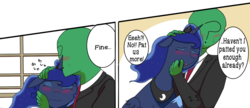 Size: 1400x603 | Tagged: safe, artist:crabs_of_steam, princess luna, oc, oc:anon, alicorn, human, pony, g4, /mlp/, 4chan, blushing, comic, cute, description is relevant, dialogue, drawthread, duo, female, head pat, human male, japanese reading order, lunabetes, male, mare, pat, petting, ponified, request, speech bubble, sweat