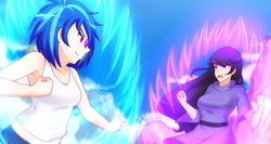 Size: 1280x683 | Tagged: safe, artist:jonfawkes, dj pon-3, octavia melody, vinyl scratch, human, g4, anime, armpits, clothes, commission, crossover, dragon ball, dragon ball z, female, fight, humanized, looking at each other, open mouth, smiling, sunglasses, tumblr
