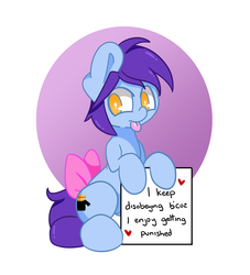 Size: 1529x1682 | Tagged: safe, artist:lou, oc, oc only, oc:deli, pony, :p, bow, colored, cute, heart, implied bdsm, male, no pupils, shading, shaming, sign, silly, simple background, sitting, solo, stallion, tail bow, tongue out, white background